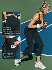 GLOWMODE 21" Leggings FeatherFit™-Sculpt Slay The Sweat con compresión, control del abdomen, sin costura frontal, bolsillos laterales para entrenamiento, carrera y gimnasio - Negro - Ver 5