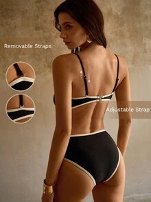 MOTF PREMIUM 经典黑白撞色金属质感不对称镂空细节连体泳衣，度假必备 - 黑與白 - 查看 3