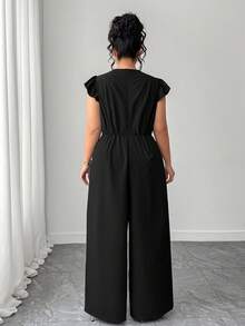 Elenzga Plus Size Women's Elegant Casual Minimalist Round Neck Cap Sleeve Contrast Color Button Waist Long Jumpsuit, Black - Black - View 2