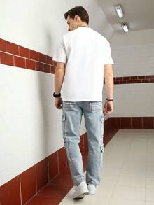 Logeqi® Jeans Vaquero Lavado Versátil Baggy Sueltos Multi-Bolsos Streetwear Casual De Hombre de Color Azul Claro - Azul - Ver 6