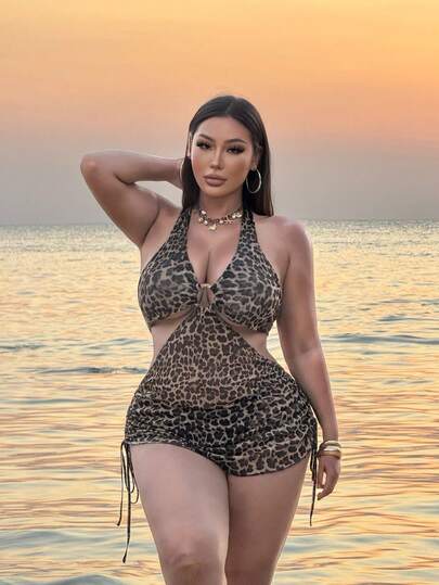 Swim SXY 新款豹纹性感大码女式沙滩罩衫吊带连衣裙泳衣，时尚显瘦度假泳装