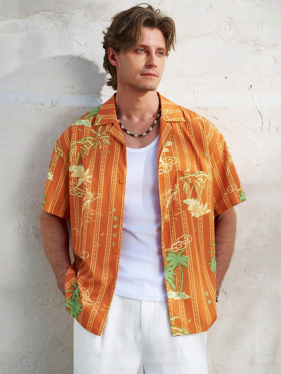 Airaco 男士夏季度假印花条纹短袖衬衫 - 彩色 - 查看 1