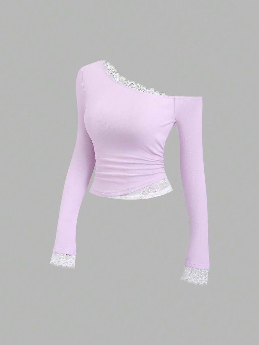 Sweetra 美国性感蕾丝拼接斜肩修身不对称下摆高端女式上衣，秋冬款 - 紫色 - 查看 1
