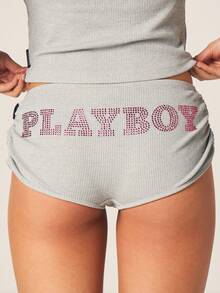 Missguided x Playboy Ribbed Square Neck Rhinestone Bunny Cami And High Rise Shorts Two Piece Set Loungewear Matching Outfit - Grey - View 5