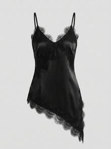 Selianne Women's Elegant Solid Black Lace Patchwork Asymmetric Hem Glossy Fabric Sleeveless Camisole Two Pieces Set, Spring/Summer - Multicolor - View 3