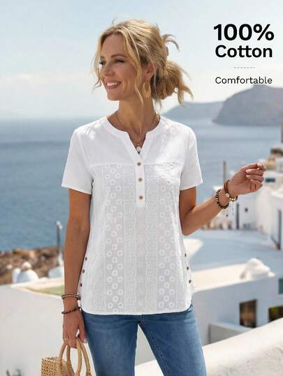 Faunlyn Women's Summer Cotton Embroidered V-Neck Short-Sleeve Shirt,Short Sleeve Tops