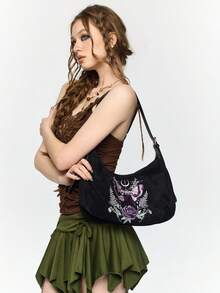 ROMWE Gothic Purple Rose Butterfly Embroidery Bag, Black Suede Large Capacity Messenger Crescent Bag - Black - View 3