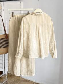 SHEIN Tween Girl Striped Long Sleeve Button-Up Shirt And Wide Leg Pants Casual Outfit - Khaki - View 2