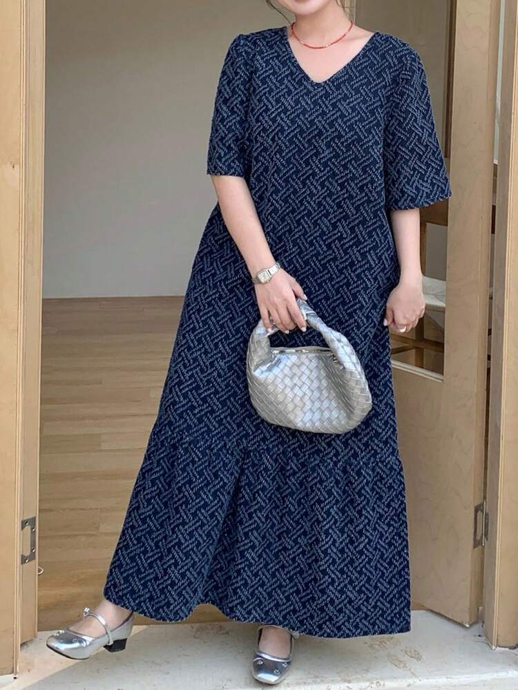 Dazy Plus Fashionable V-Neck Loose Short Sleeve Casual Patchwork Frill Trim Long Denim Dress For Plus Size Women Maxi Dress