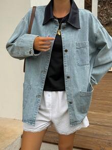DAZY Casual Loose Women's Denim Jacket With Large Pockets And Collar - Blue - View 8
