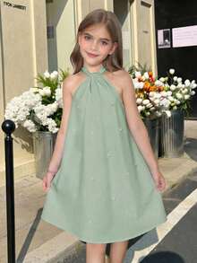 SHEIN Tween Girl Elegant Solid Green Halter Neck Beaded Back Bow A-Line Sleeveless Dress Pearl Embellished Mint Summer Seafoam Pastel Classy Spring - Green - View 10