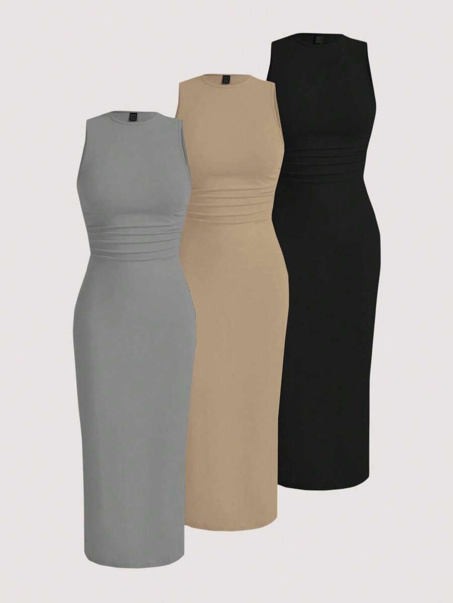 SHEIN ChicEase Summer Casual Elegant Concert Outfit Business Casual Dating Travel Vacation Ruched Waist & Bodycon Slim Fit Round Neck Tank Dress Home Versatile Old Money Style Solid Color Gray Khaki Black Various Color Options Set - Multicolor - View 1