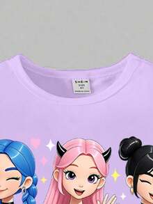SHEIN 少女春夏休闲时尚创意个性清新简约酷炫虚拟少女团体彩色五角星爱心图案字母标语印花舒适基础款短袖T恤和打底裤套装，适合女孩氛围穿搭，舒适的夏秋风格 - 彩色 - 查看 5