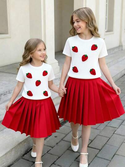 2pcs/Set Girls' Outfit: Sweet Strawberry Embroidered Knit Short Sleeve Top + Red Pleated Mini Skirt, Suitable For Daily Wear, Cute Photo Shoots, Parent-Child Outings, Casual Matching