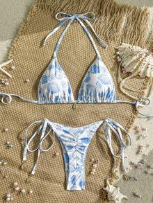 Swim Vcay Springbreak 女士夏季沙滩贝壳印花露背系带性感比基尼泳装套装 - 彩色 - 查看 1