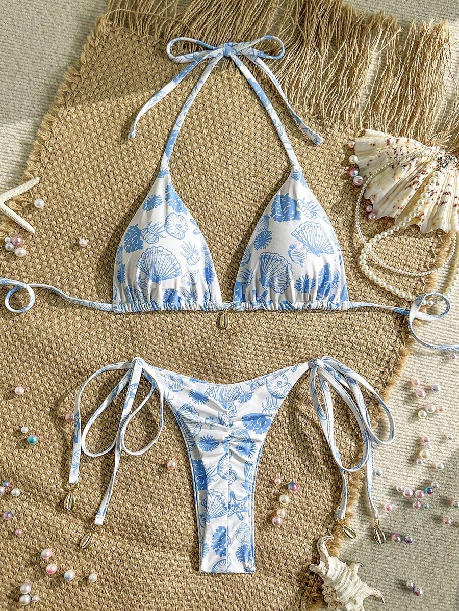 Swim Vcay Springbreak 女士夏季沙滩贝壳印花露背系带性感比基尼泳装套装 - 彩色 - 查看 1