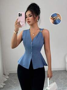 Elenzga 新款简约优雅金属扣设计修腰V领无袖女式衬衫，夏季 - 霧霾藍 - 查看 5