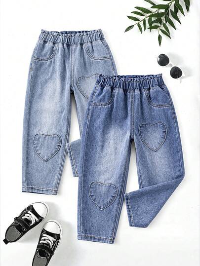 مجموعة من 2 جينز بناتي (صغير) بتصميم خصر مرتفع وأكمام واسعة، بتصميم بسيط وأنيق بقطعة قلب، بلون أزرق فاتح مغسول