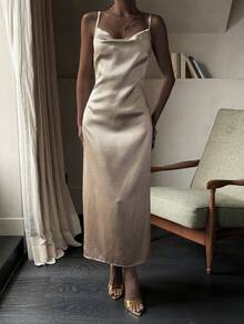 Livesso Đầm midi satin hai dây eo dành cho nữ - Màu Khaki - Xem 2