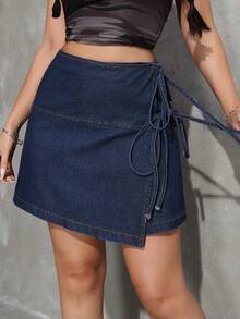 SHEIN Tall Women's Casual Asymmetric Hem Denim Skirt With Side Tie Design - Dark Wash - View 7