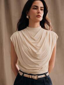Anewsta Áo tank top nữ kiểu dáng tối giản, xếp ly, cạp cao, ôm sát, thích hợp cho mùa hè, dự tiệc, đi làm, màu mơ. - Màu be - Xem 3