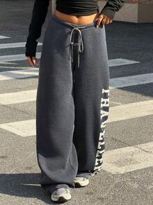 Muchica Dark Grey Knit Drawstring Waist Sweatpants, College Style - Dark Grey - View 6