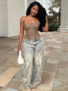 Alexandranx Women's Vintage Street Chic Distressed Frayed Hem Wide Leg Jeans - Medium Wash - View 1