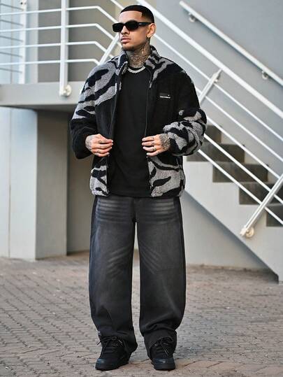 Devon Thys 1件 Justice Brother 复古水洗宽松阔腿牛仔裤，休闲情侣款（破洞裤脚）