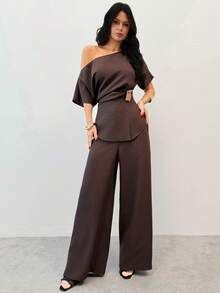 Firerie 两件套优雅杏色休闲/办公通勤套装，春夏款 - 咖啡棕 - 查看 8