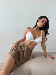 Firerie Women's New Minimalist Elegant Fashion Commuter Metal Accessory Front Wrap Linen Mini Skirt - Brown - View 4