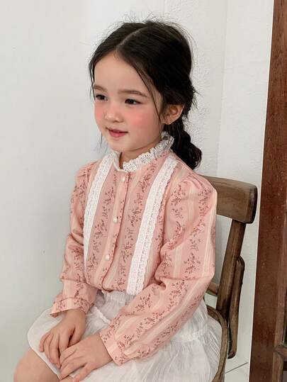 DAZY قميص كاجوال طويل الأكمام للفتيات بطبعة زهرية، ياقة عالية، أحادي الصدر، متعدد الاستخدامات للارتداء اليومي