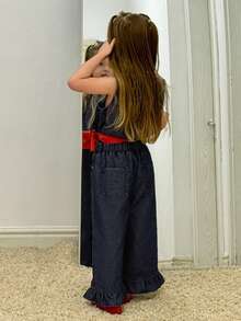 DAZY Young Girl Round Neck Sleeveless Top And Ruffle Hem Wide Leg Jeans Set - Blue - View 2