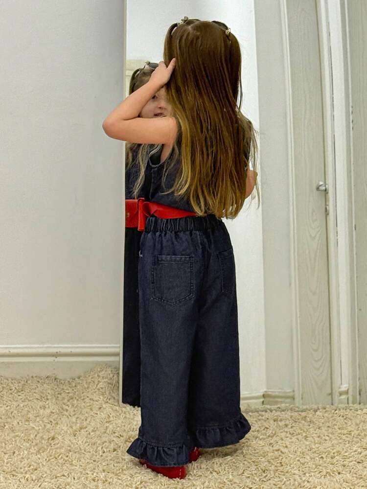 Young Girl Round Neck Sleeveless Top And Ruffle Hem Wide Leg Jeans Set