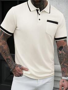 Manfinity Mode Áo Polo nam tay ngắn in họa tiết phối màu tương phản, phong cách cổ điển, thích hợp mặc hàng ngày, đi chơi cuối tuần, hoạt động ngoài trời, du lịch, môi trường làm việc thoải mái hoặc các dịp bán trang trọng, quà tặng cho bạn trai/chồng, quà kỷ niệm/sinh nhật, tiệc tùng, kỳ nghỉ hè, đám cưới, từ xuân sang hè, lễ Phục sinh. Áo Polo nam màu kem dệt kim kiểu waffle với viền đen và túi, tay ngắn, áo polo nam, áo màu kem nam, áo polo dệt kim cài nút nam, áo thun cổ chữ T nam, áo polo màu kem. - Màu be - Xem 5