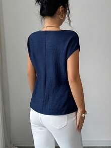 Roylia 女士休闲通勤百搭度假宽松蝙蝠袖不对称下摆柔软衬衫，蓝色，夏季女士上衣 - 藏蓝色 - 查看 2