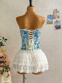 Soleia Áo hai dây cài nút định hình phía trước họa tiết hoa jacquard dành cho nữ - Màu xanh lam - Xem 2