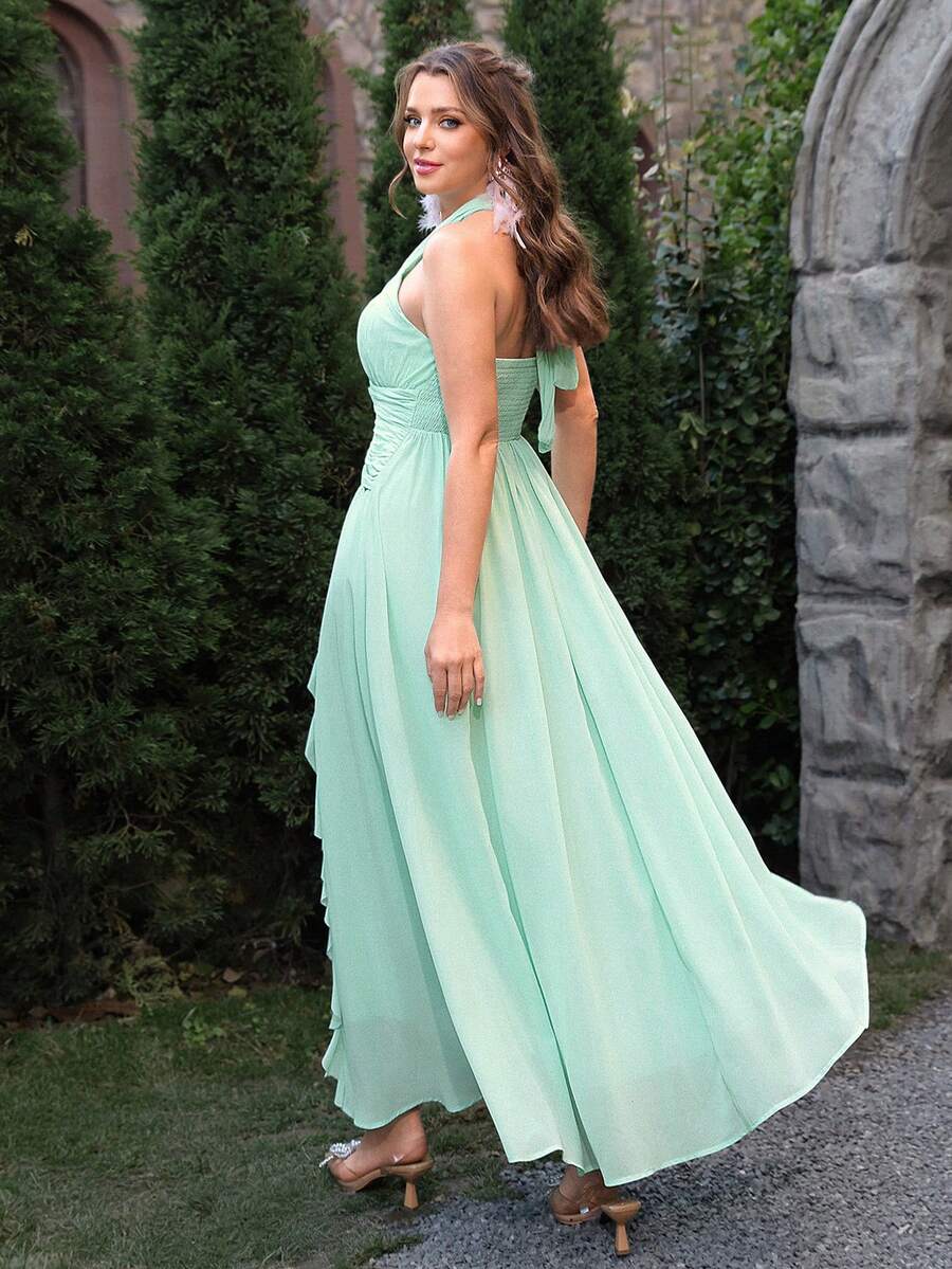 VOLUPTÉ CURVE Plus Size Women's Spring/Summer Green Floor Length Dress Halter V-Neck Ruffle, Elegant Beach Vacation Birthday Party Wedding Guest Dress Women