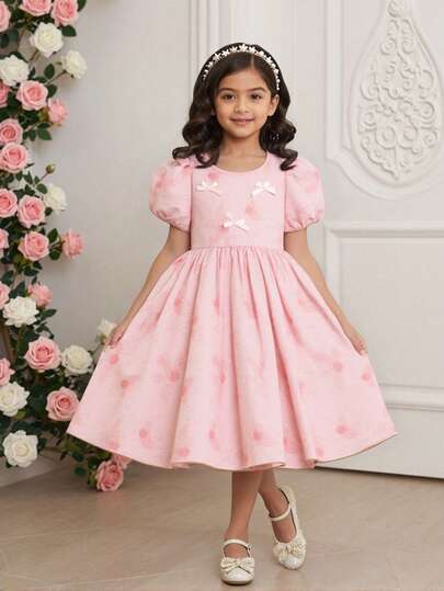 SHEIN Young Girl' Round Neck Puff Sleeve Princess Dress. Puff Sleeve, 3D Bow, A-Line Silhouette, Floral Pattern, Suitable For School, Outings, Parties, Exquisite Cute Elegant Puff Sleeve Pink Floral Dress. Dress Kids Girl Pink Bubble Dress Kids Pink Puff Sleeve Dress For Girls Pink Flowerance Dress For Teens Girl Kindergarten Graduation Dress Kids Jacquard Dresses