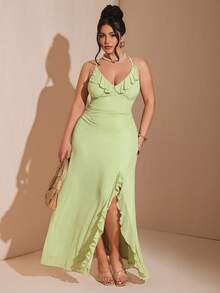 SHEIN BAE 大码荷叶边吊带度假连衣裙 - 綠色 - 查看 4