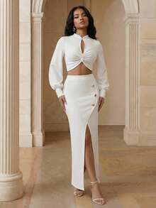 Anewsta Women's Floral Button Design Split Hem Elegant Skirt - White - View 4