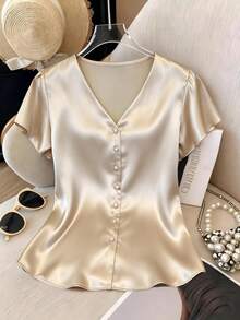 Franclia 女士优雅休闲杏色缎面V领开襟珍珠纽扣荷叶边短袖宽松衬衫，夏季上衣，适合日常穿着/新年/商务场合/通勤/休闲度假 - 杏色 - 查看 4
