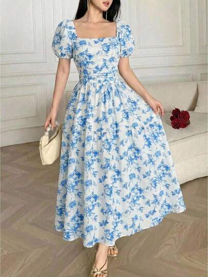 SHEIN Teen Girls Blue Ditsy Floral Asymmetric Hem Midi Dress, Casual Elegant Back To School, Date, Party, Wedding Guest, Bridesmaid, Dance, Evening Gown, Contrast Color Bow Tie, Patchwork, Sleeveless Dress, Bridesmaids Dress, Suitable For Parties, Weddings, Garden Events, Commuting Elegance, Shopping, Suitable For Weddings, Birthday Parties, Dances And Bridesmaids Occasions Blue Flower Dress Blue And White Dress Dress Vintage Girls Women Summer Dresses