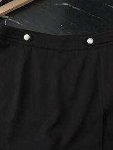 Franclia 女士纯色腰部纽扣设计侧开衩休闲阔腿裤 - 黑色 - 查看 6