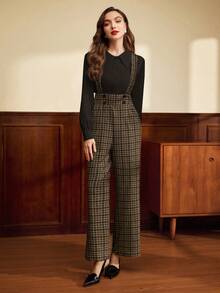 Vintamour 复古优雅女士双排扣撞色格子口袋背带裤，直筒连体裤，圣诞节女装，冬季女装，新年女装，圣诞节女装，商务休闲女装，冬季女装，背带裤，复古风格女装，棕色裤子，新年装，音乐会装，外出女装，冬季女裤，情人节，情人节 - 咖啡棕 - 查看 7
