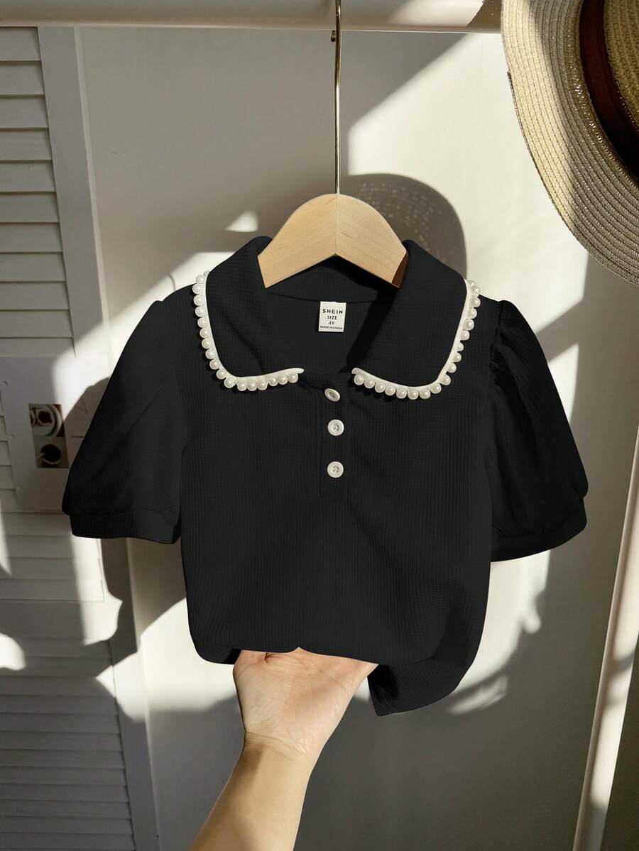 Elladie kids 优雅女童短袖T恤,彼得潘领花瓣袖设计,夏季时尚 - 黑色 - 查看 1