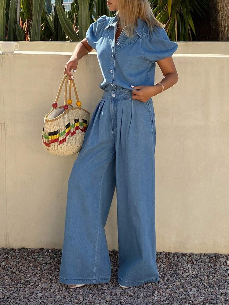 Women's Casual Washed Petal Sleeve Shirt And Wide Leg Jeans Set, Spring/Summer