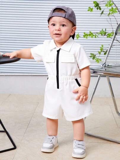 SHEIN Baby Boy Casual Comfortable Contrast Color Pocket Jumpsuit