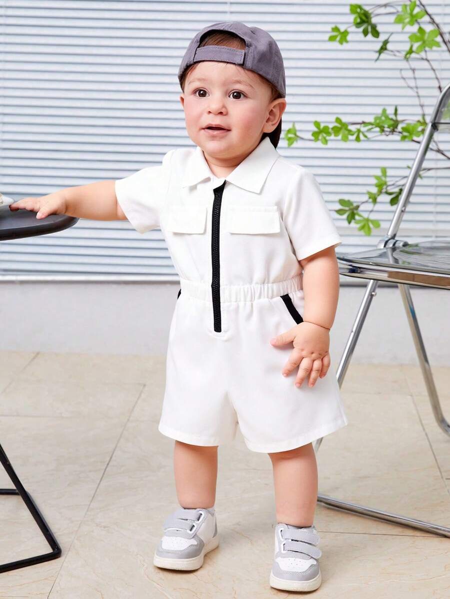 SHEIN Jumpsuit Bayi Laki-laki Kasual Nyaman dengan Saku dan Warna Kontras, Anak-anak - Putih - View 1