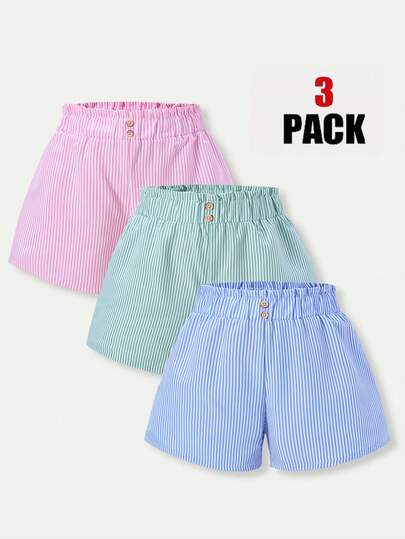 Casuvi Kids 3 piezas Shorts casuales para niñas a rayas y de unicolor, de moda y minimalistas