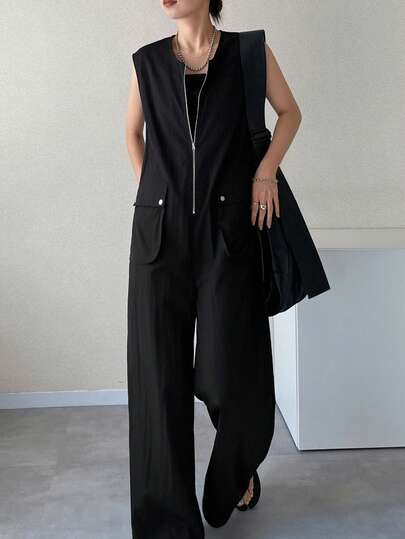 FRIFUL 女士无袖连体裤，带金属拉链装饰